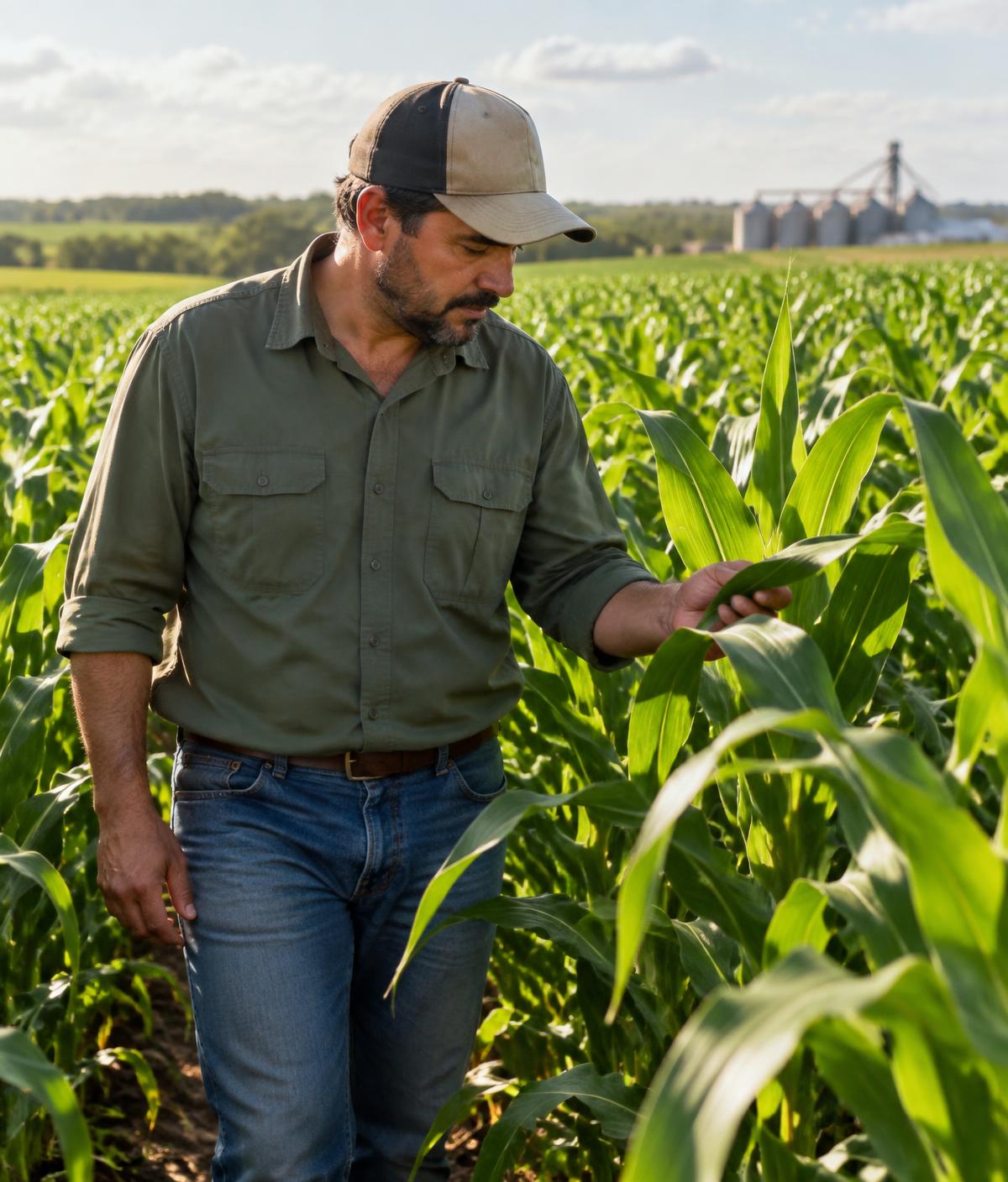 Agrônomo avaliando uma lavoura de milho